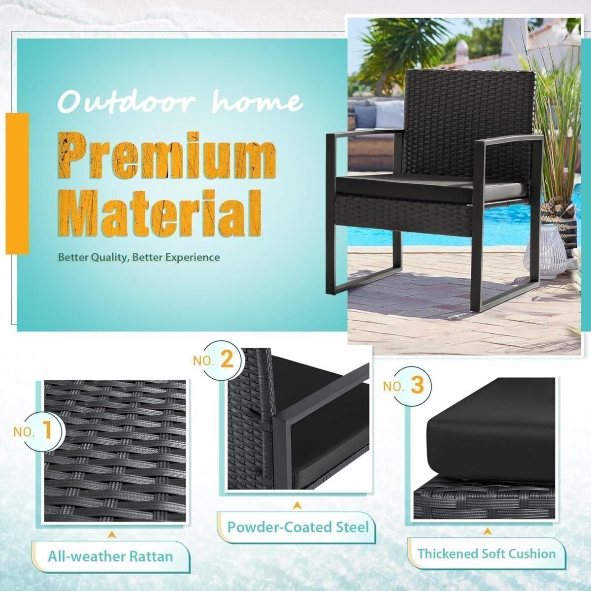 Premium Modern Patio Furniture Set for Small Spaces – 3PCS Outdoor Wicker Chairs & Table for Balcony, Yard, Bistro – Black Elegance