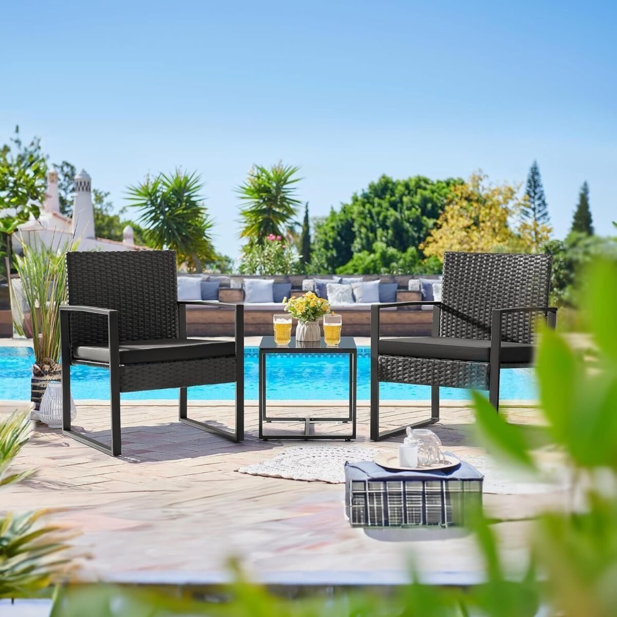 Premium Modern Patio Furniture Set for Small Spaces – 3PCS Outdoor Wicker Chairs & Table for Balcony, Yard, Bistro – Black Elegance