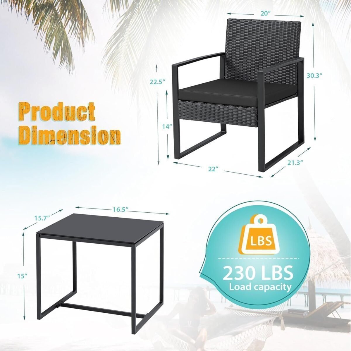 Premium Modern Patio Furniture Set for Small Spaces – 3PCS Outdoor Wicker Chairs & Table for Balcony, Yard, Bistro – Black Elegance