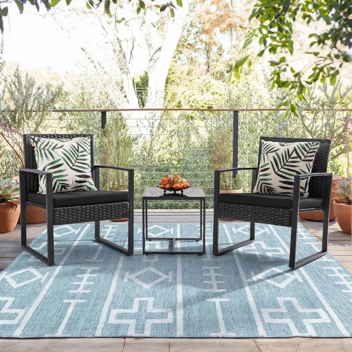 Premium Modern Patio Furniture Set for Small Spaces – 3PCS Outdoor Wicker Chairs & Table for Balcony, Yard, Bistro – Black Elegance