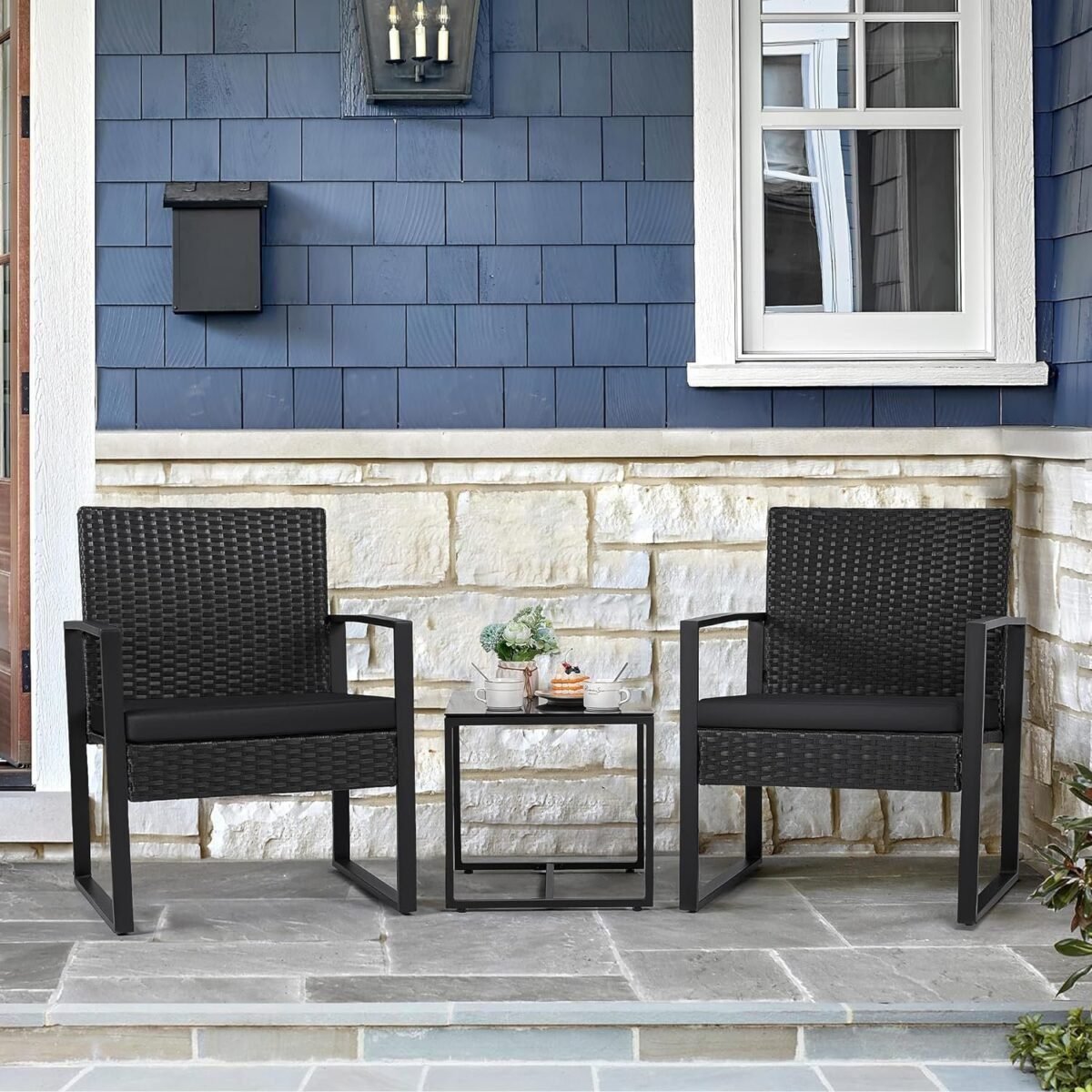 Premium Modern Patio Furniture Set for Small Spaces – 3PCS Outdoor Wicker Chairs & Table for Balcony, Yard, Bistro – Black Elegance