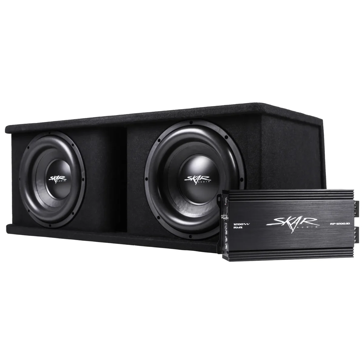 Unleash Thunderous Sound with the High-Impact Car Bass System – Skar Audio Dual 12" 2400W SDR Loaded Sub Box, Amplifier & Wiring Kit