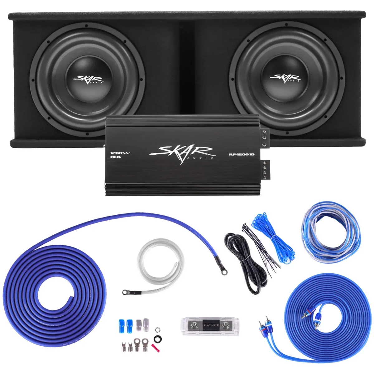 Unleash Thunderous Sound with the High-Impact Car Bass System – Skar Audio Dual 12" 2400W SDR Loaded Sub Box, Amplifier & Wiring Kit