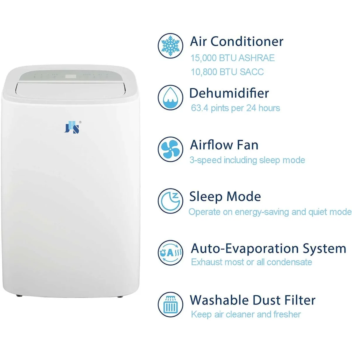 JHS 10,800 BTU (15,000 BTU ASHRAE) 115V Portable Air Conditioner with Remote, Rooms up to 550 sq ft
