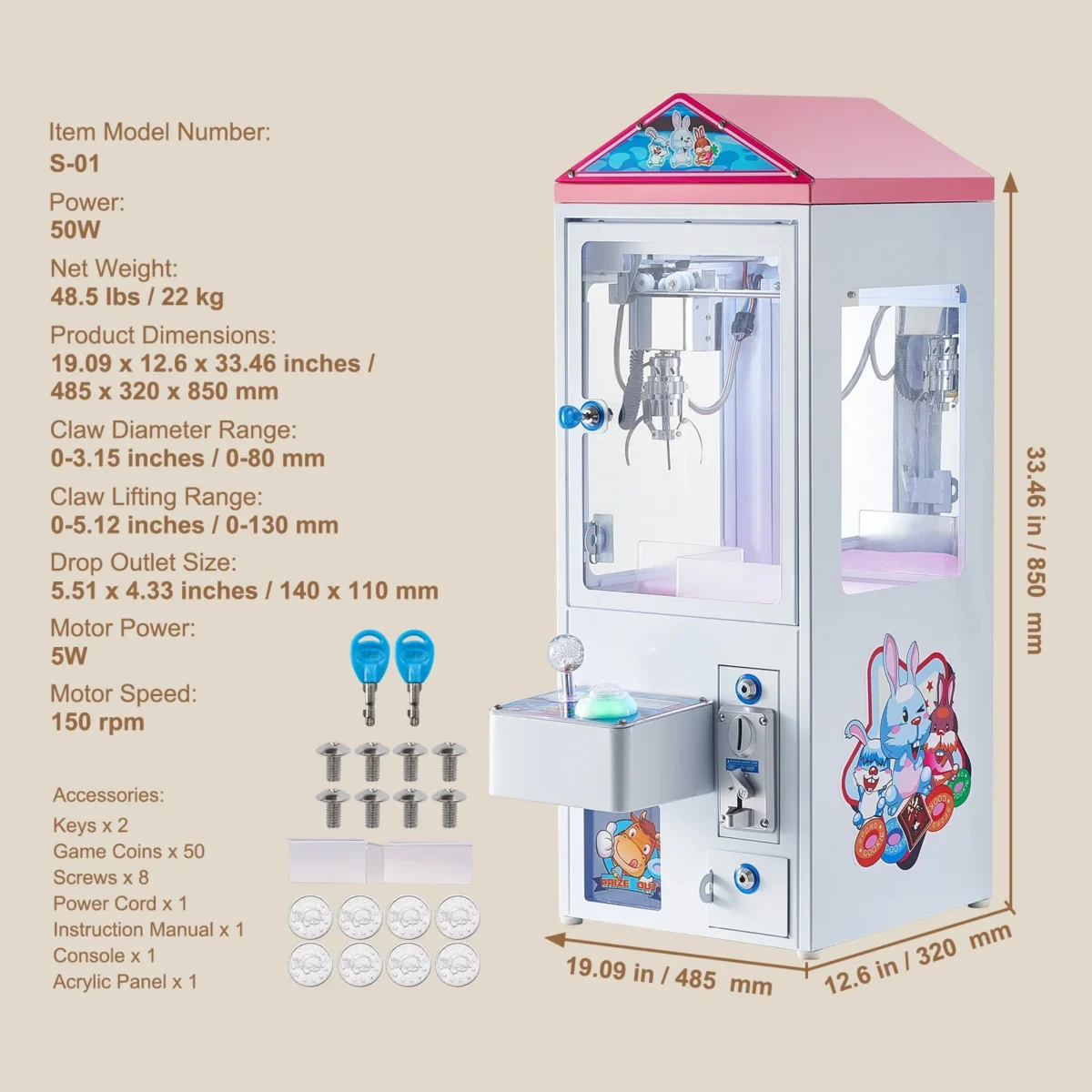 SKYSHALO Mini Claw Crane Machine 110V Metal Case Bar Candy Toy Catcher Shake-proof (3.7)