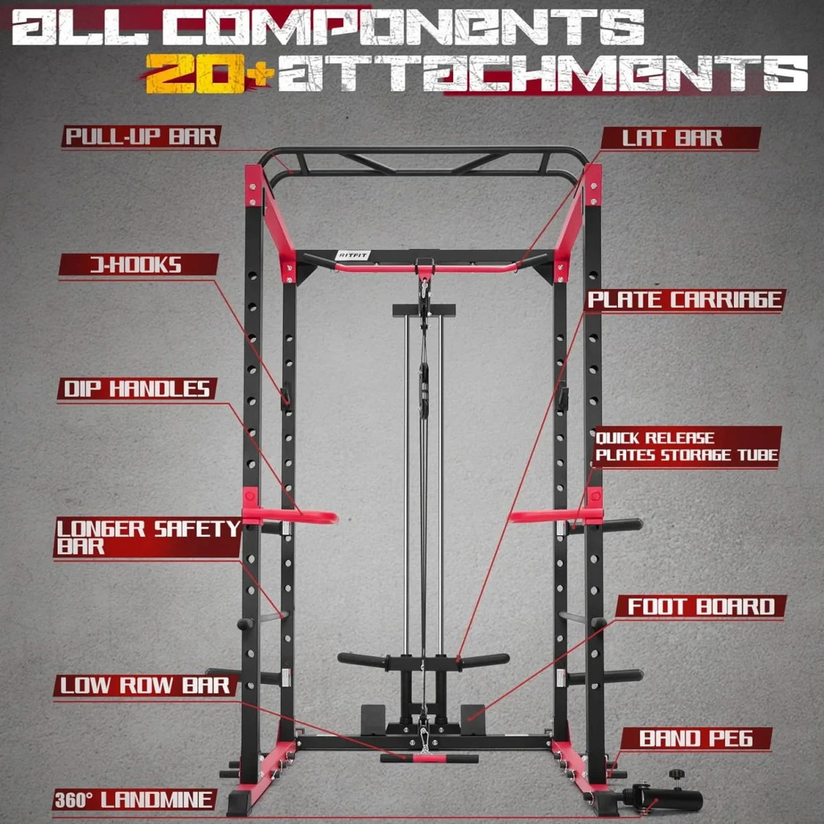 RitFit All-in-One Squat Rack for Home Gym, PPC02C Multi-Function 1000 LBS Capacity Power Cage