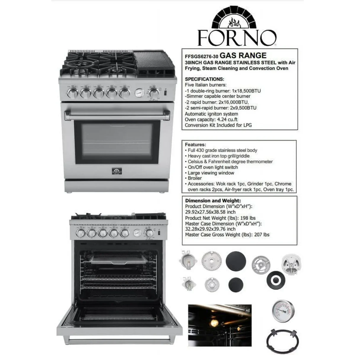 Forno Lazio 30-Inch Freestanding Gas Range, 4 Burners, Convection Oven, Energy Efficient